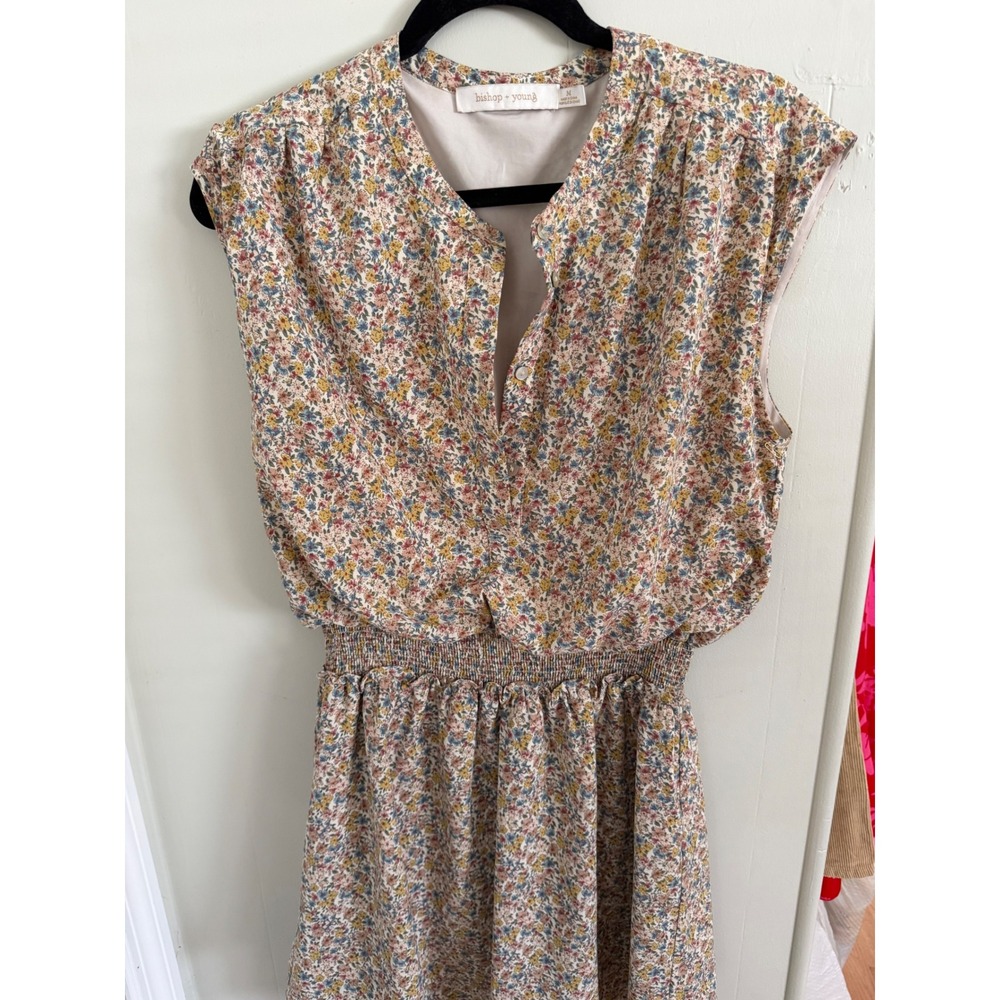 Bishop + Young Floral Smocked Waist Tiered Mini Dress Multi Color Size M